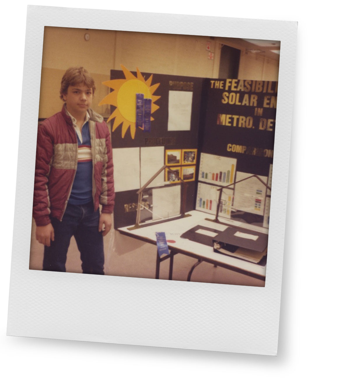 <p><strong>Photo evidence of a ​​​​​​​​​​life-long passion: </strong>Tony’s 1982 middle school science fair project on the feasibility of solar power in metro Detroit.</p>
